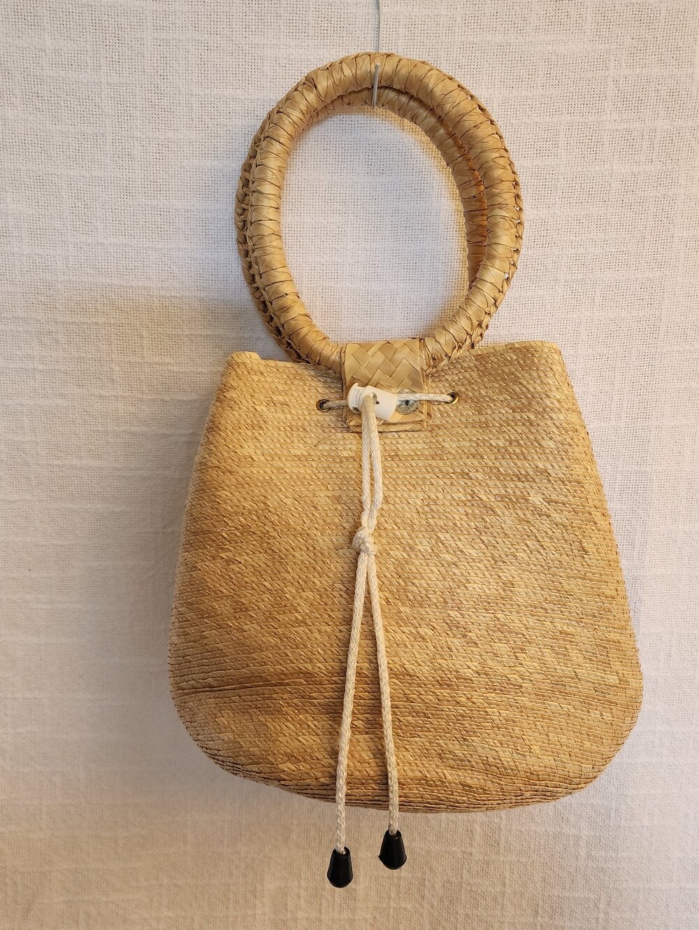 Unbranded Straw Bucket Purse W/ Drawstring Closure & Round Handles Unlined A452